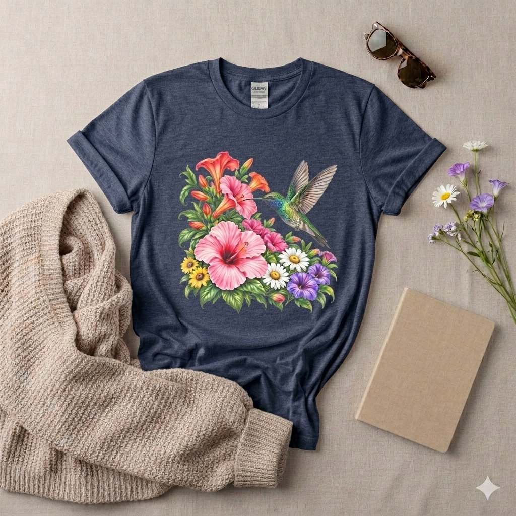 Hummingbird & Hibiscus T-Shirt, Colorful Tropical Floral Garden Tee - 14542