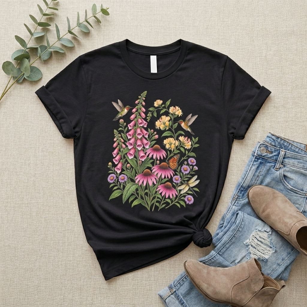 Floral Hummingbird Garden T-Shirt, Wildflower & Butterfly Botanical Tee - 14547