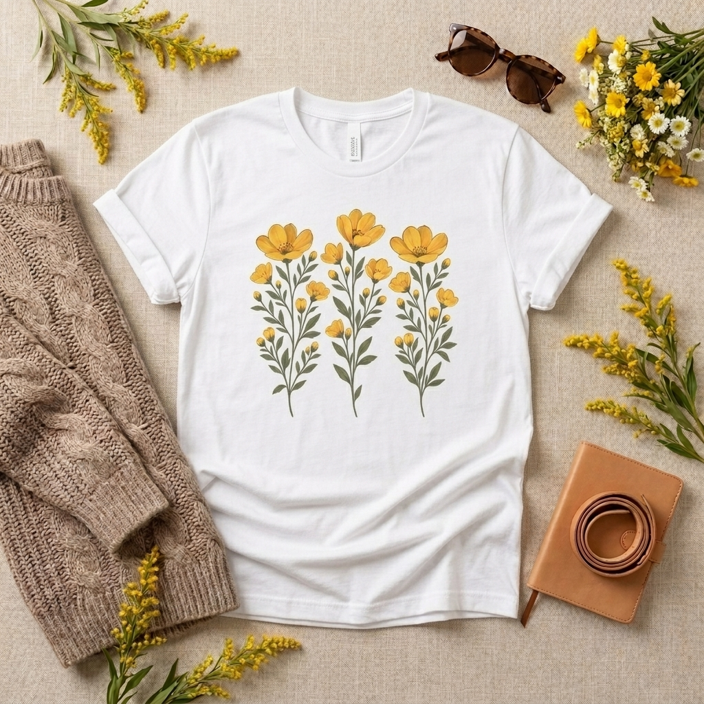 Golden Yellow Wildflower T-Shirt, Vintage Botanical Floral Tee - 14544