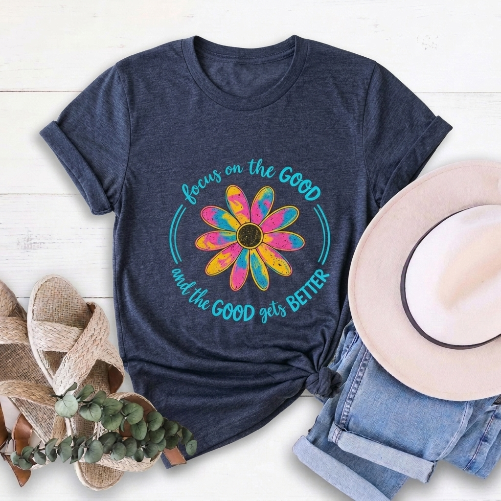 Focus on the Good T-Shirt, Colorful Retro Daisy Graphic Tee - 14563