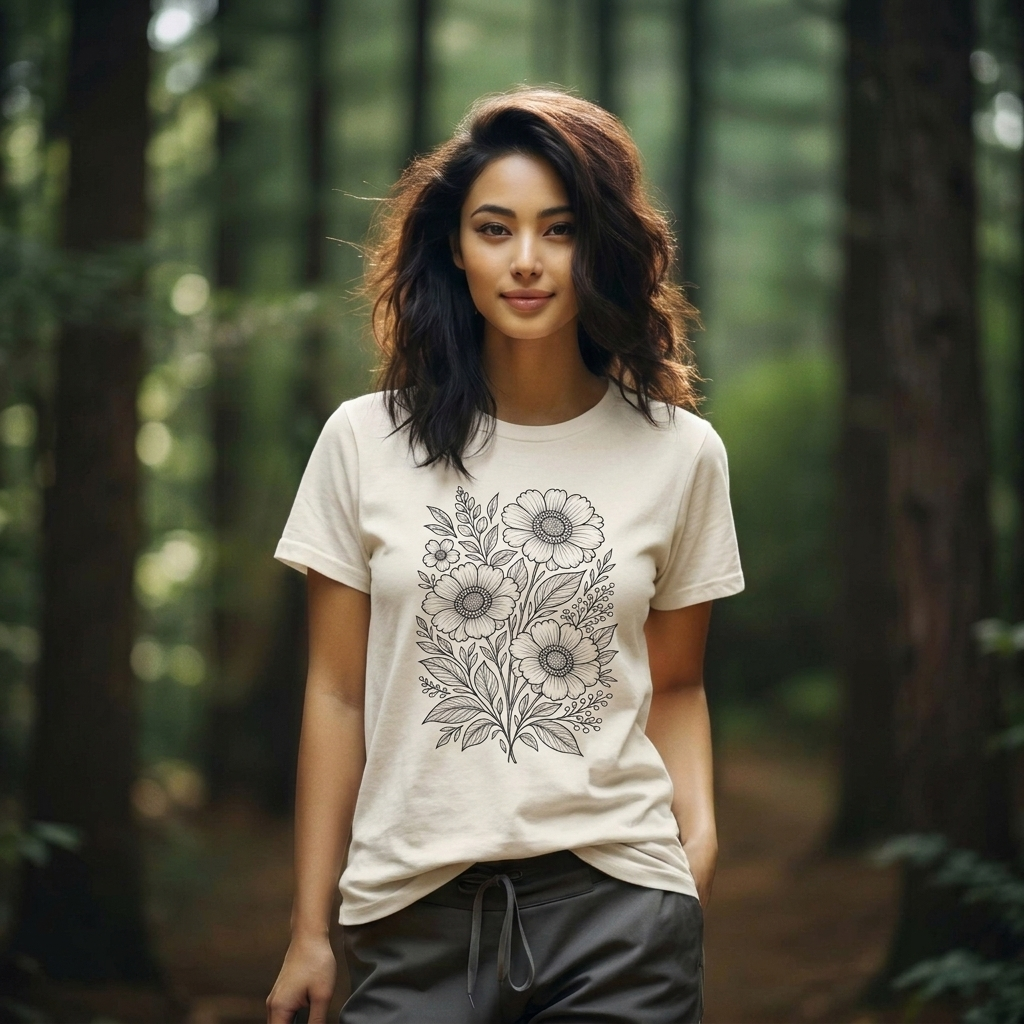 Vintage Floral Line Art T-Shirt, Botanical Wildflower Tee - 14561