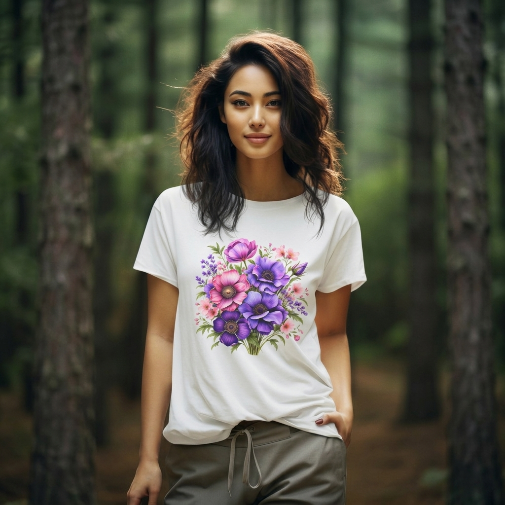Purple & Pink Floral Bouquet T-Shirt, Colorful Botanical Flower Tee - 14537
