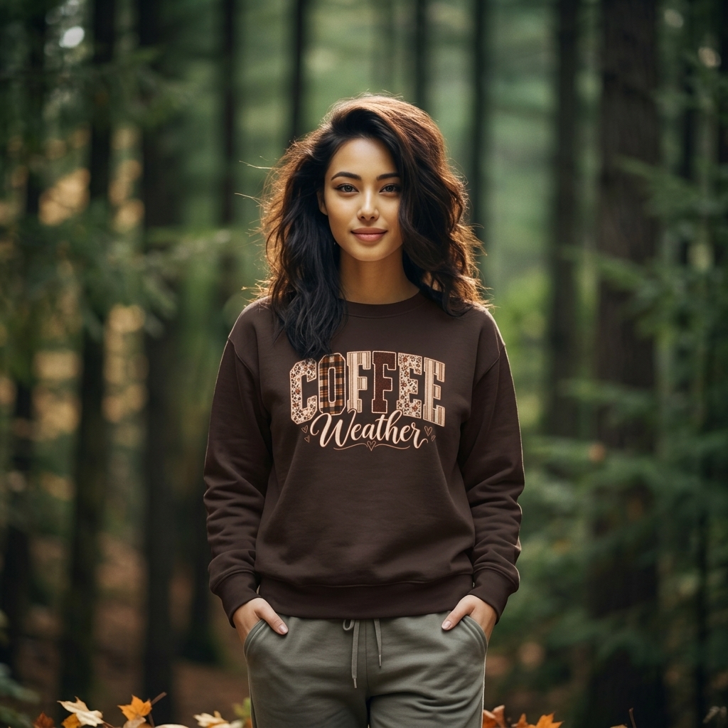 Coffee Weather Sweatshirt, Patchwork Floral Plaid Cozy Crewneck - 14997