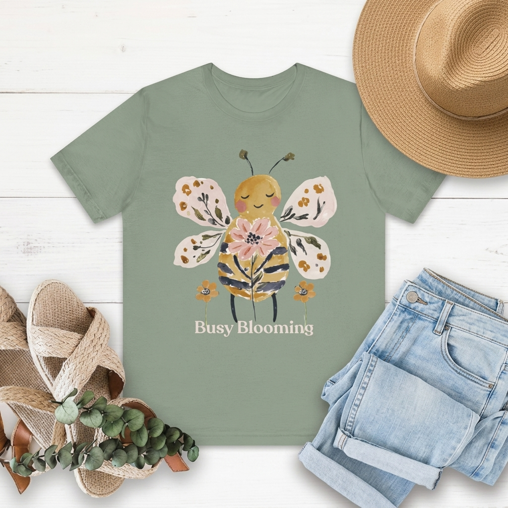 Busy Blooming Bee T-Shirt, Cute Watercolor Floral Bee Tee - 14960