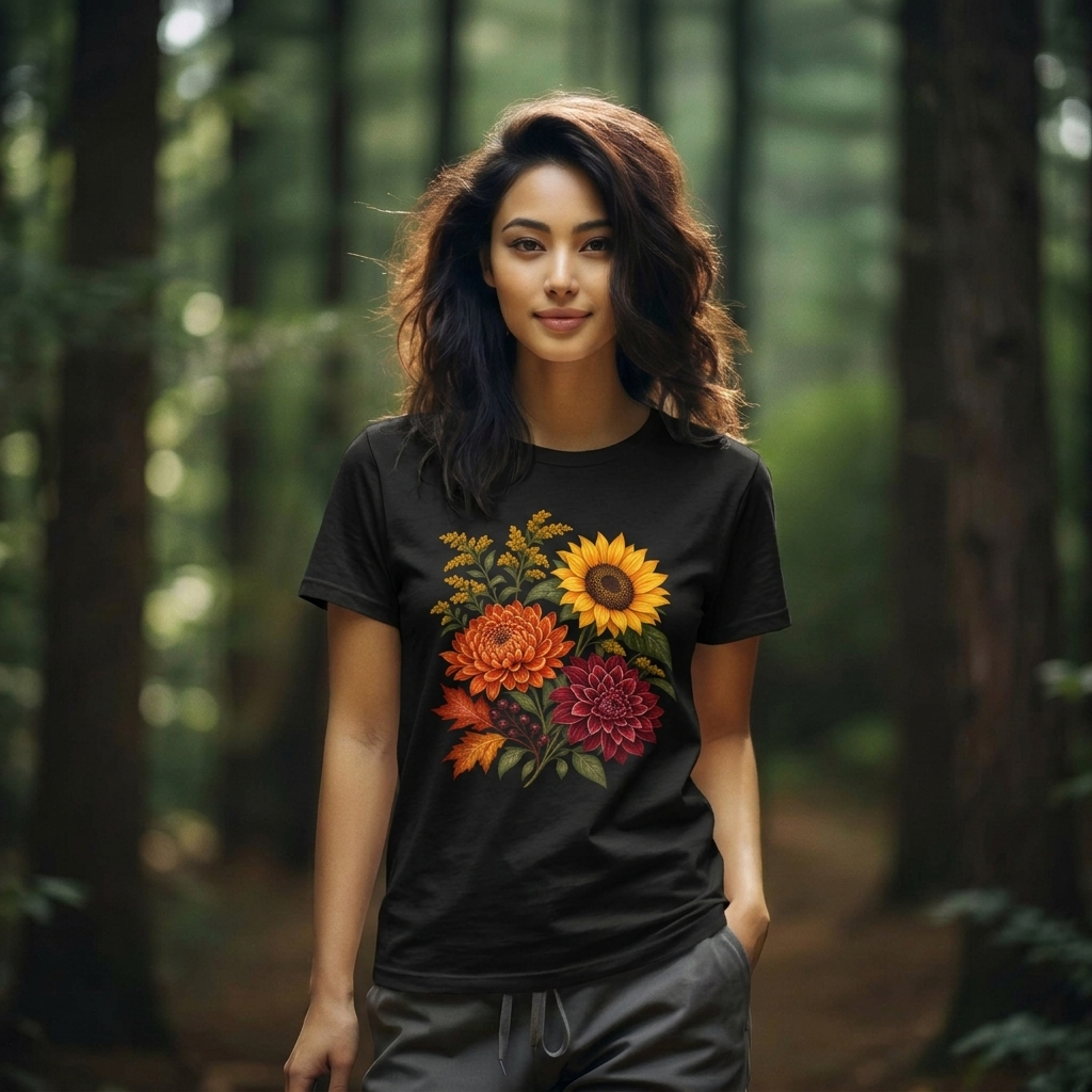 Autumn Wildflower Bouquet T-Shirt, Vintage Botanical Floral Tee - 14565