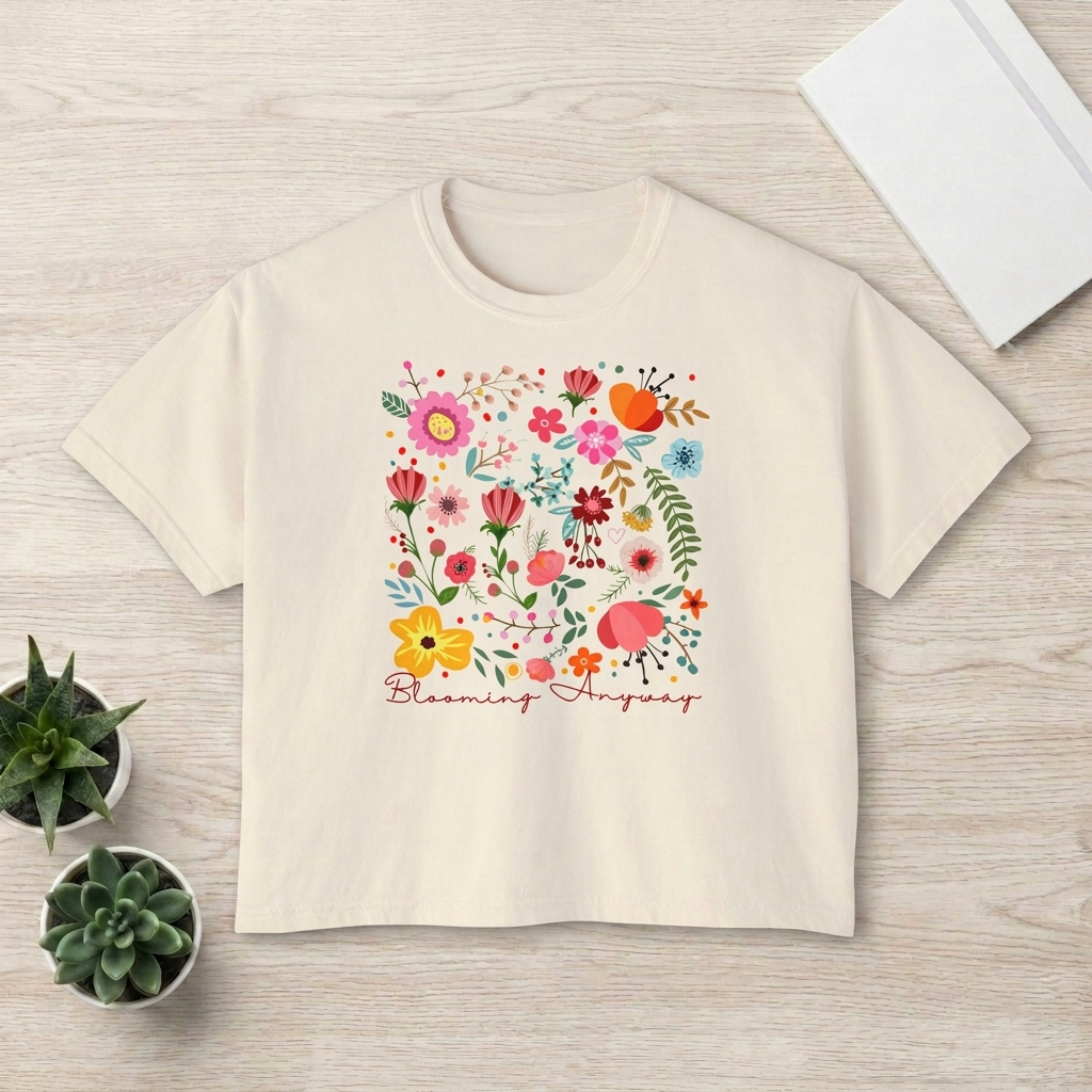 Floral Garden Boxy T-Shirt, Colorful Wildflower Graphic Tee - 14968