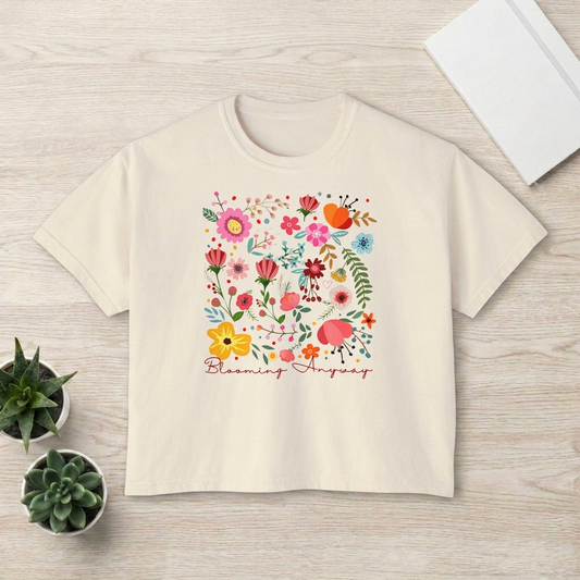Floral Garden Boxy T-Shirt, Colorful Wildflower Graphic Tee - 14968