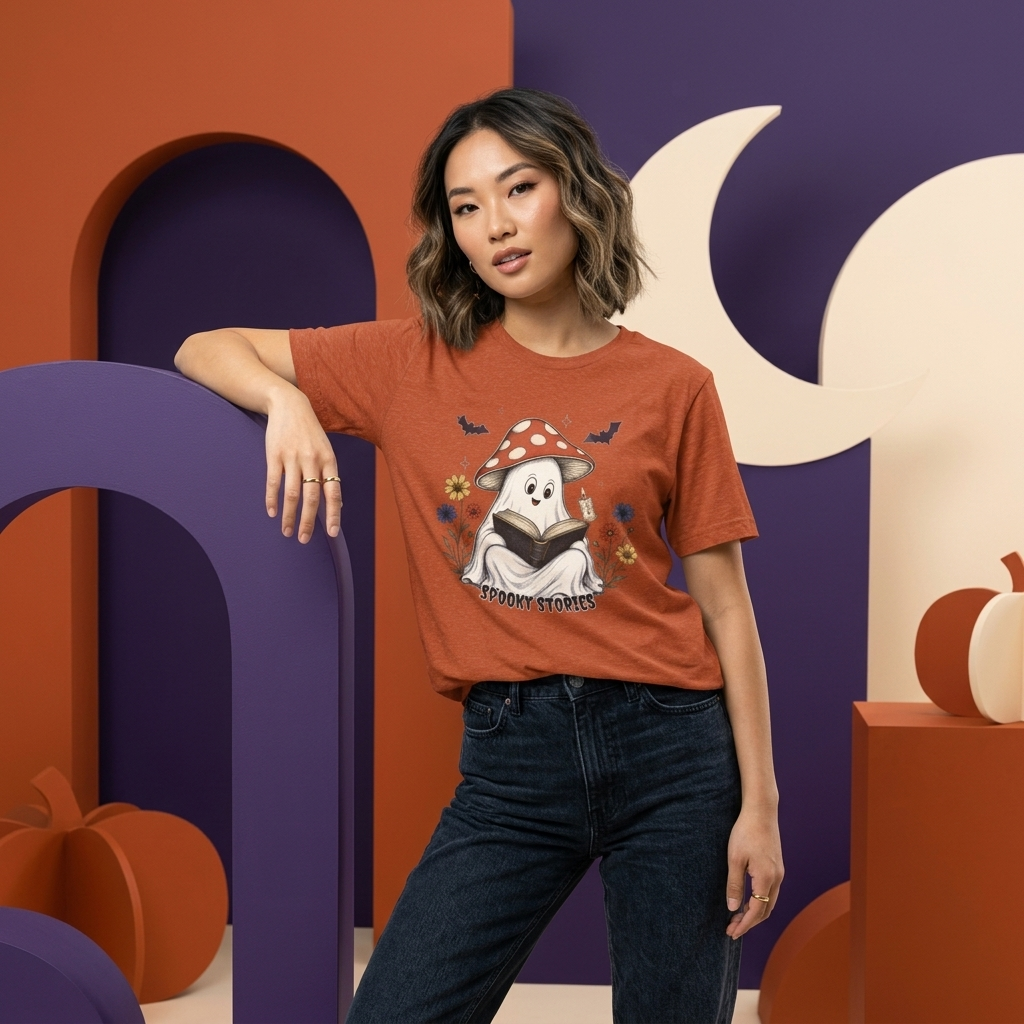 Spooky Stories Ghost T-Shirt, Cute Mushroom Ghost Reading Shirt for Halloween - 14970