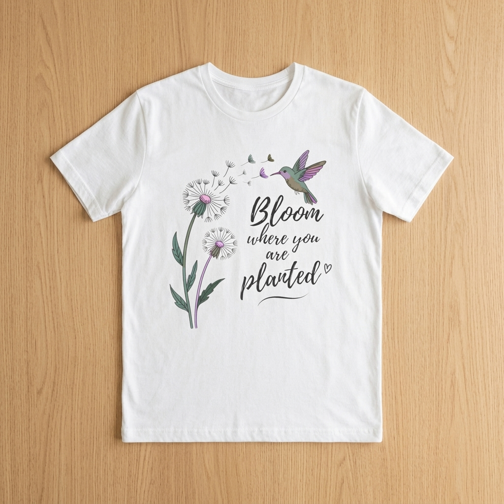 Bloom Where You Are Planted T-Shirt, Hummingbird & Dandelion Floral Graphic Tee - 14927