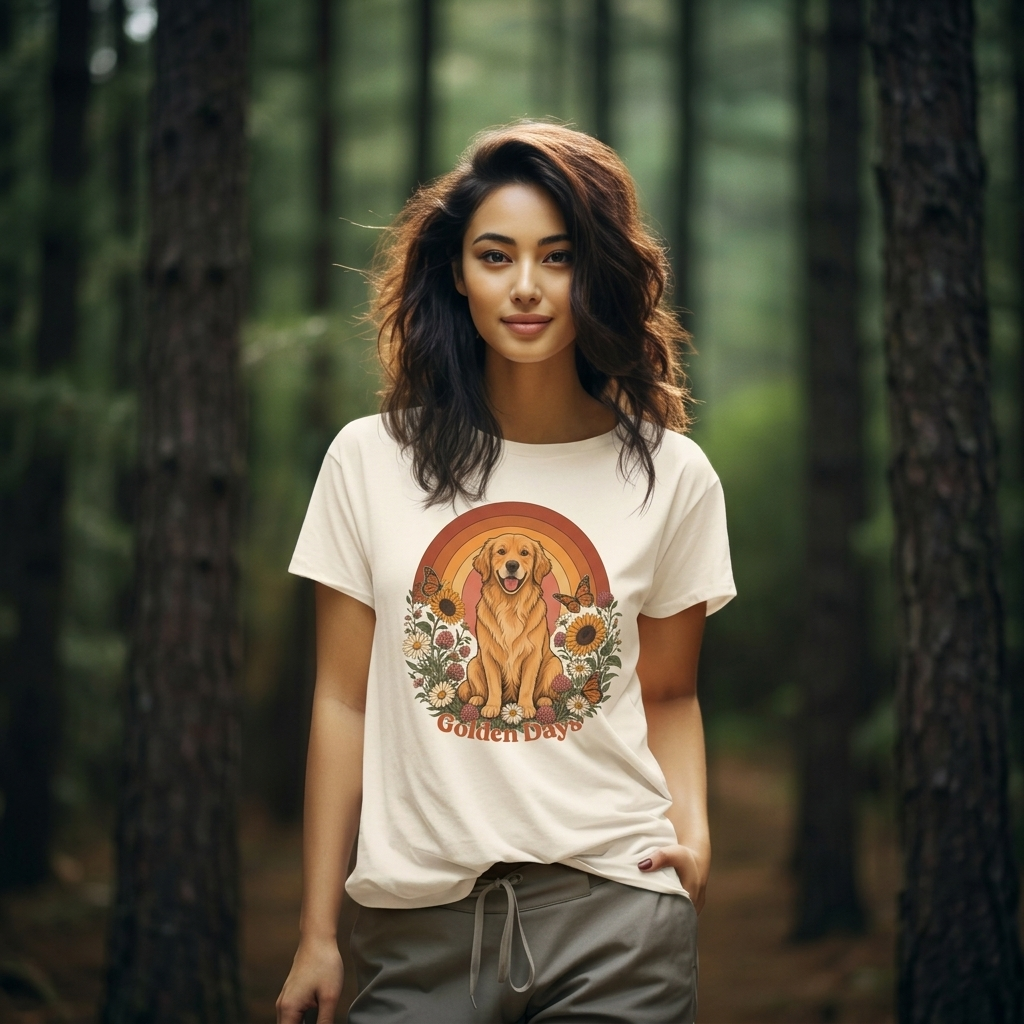 Golden Days Golden Retriever T-Shirt,  Retro Sunset Floral Dog Tee - 14969