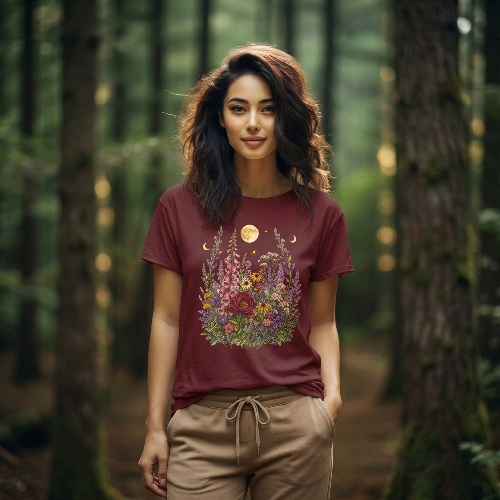 Floral Moon Garden T-Shirt, Vintage Wildflower & Celestial Graphic Tee - 14961