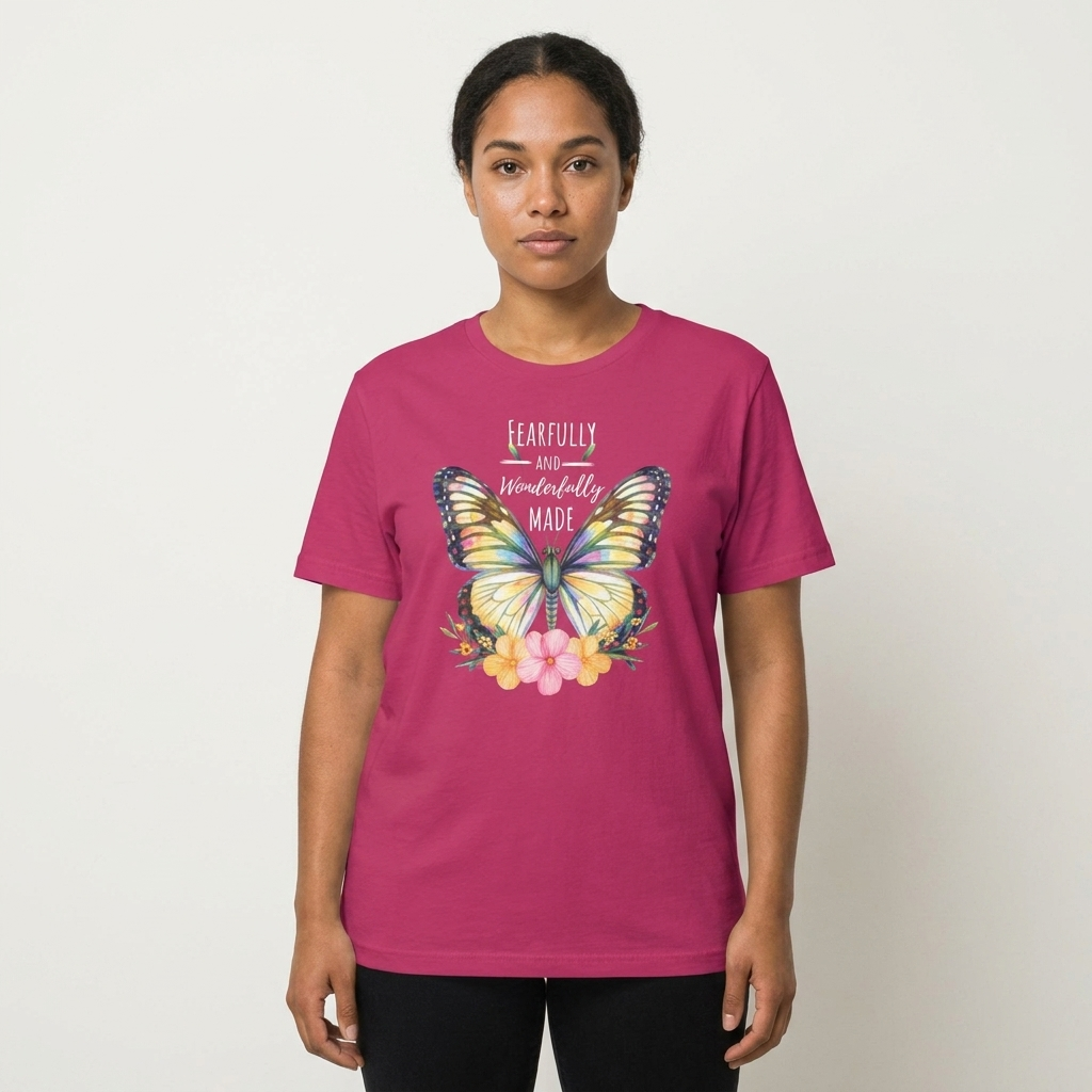 Fearfully and Wonderfully Made Butterfly T-Shirt, Inspirational Floral Faith Tee - 14955
