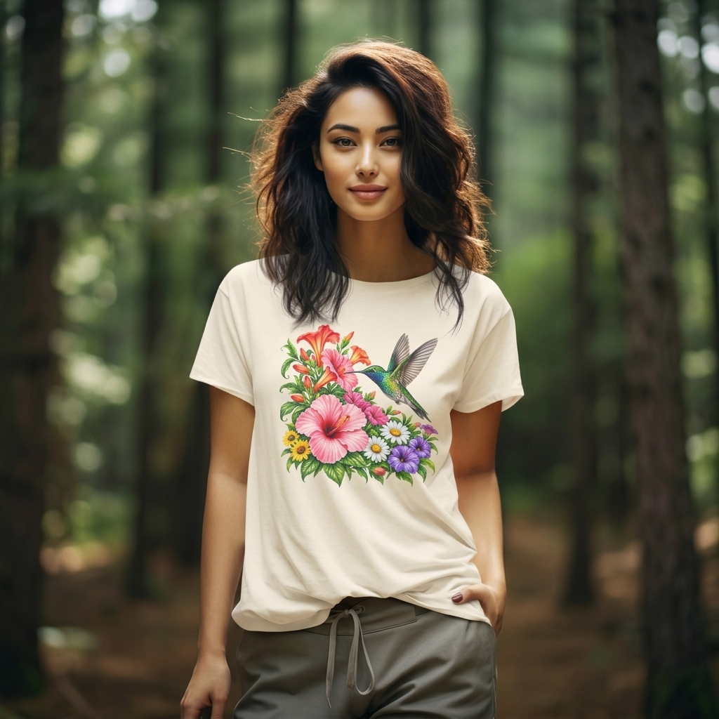 Hummingbird & Hibiscus T-Shirt, Colorful Tropical Floral Garden Tee - 14542