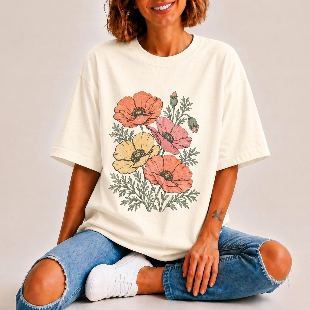 Floral Poppies T-Shirt, Vintage Wildflower Graphic Tee - 14988