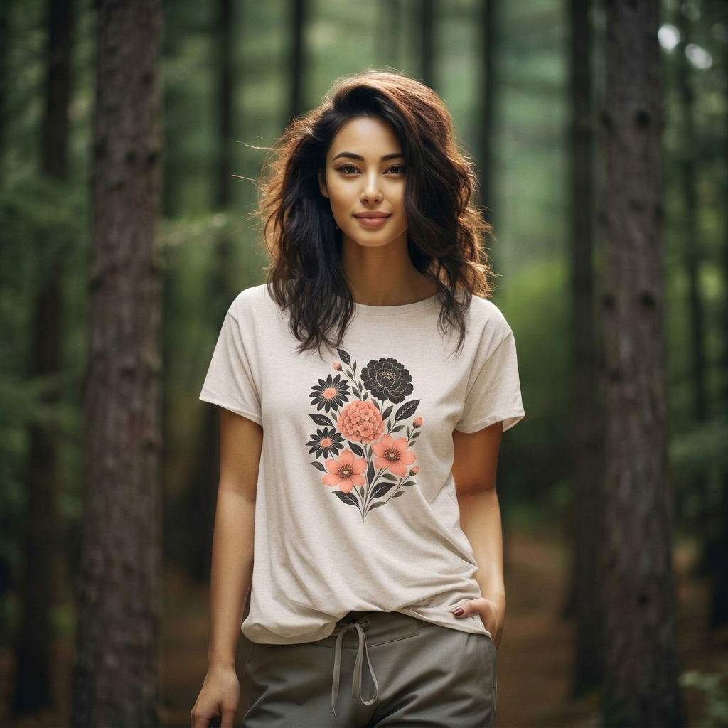 Floral Bouquet T-Shirt, Peach & Black Garden Flower Tee - 14502