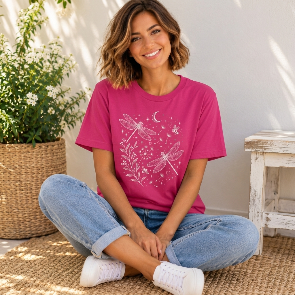 Dragonfly Moon T-Shirt, Whimsical Celestial Nature Tee - 14518