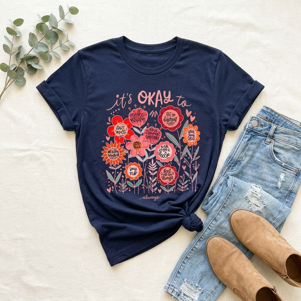 It’s Okay to Bloom Floral T-Shirt — Positive Mental Health Graphic Tee - 14928