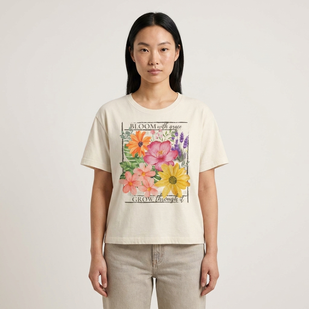 Bloom With Grace Floral Boxy Tee,  “Grow Through It” Inspirational Women’s T-Shirt - 14944