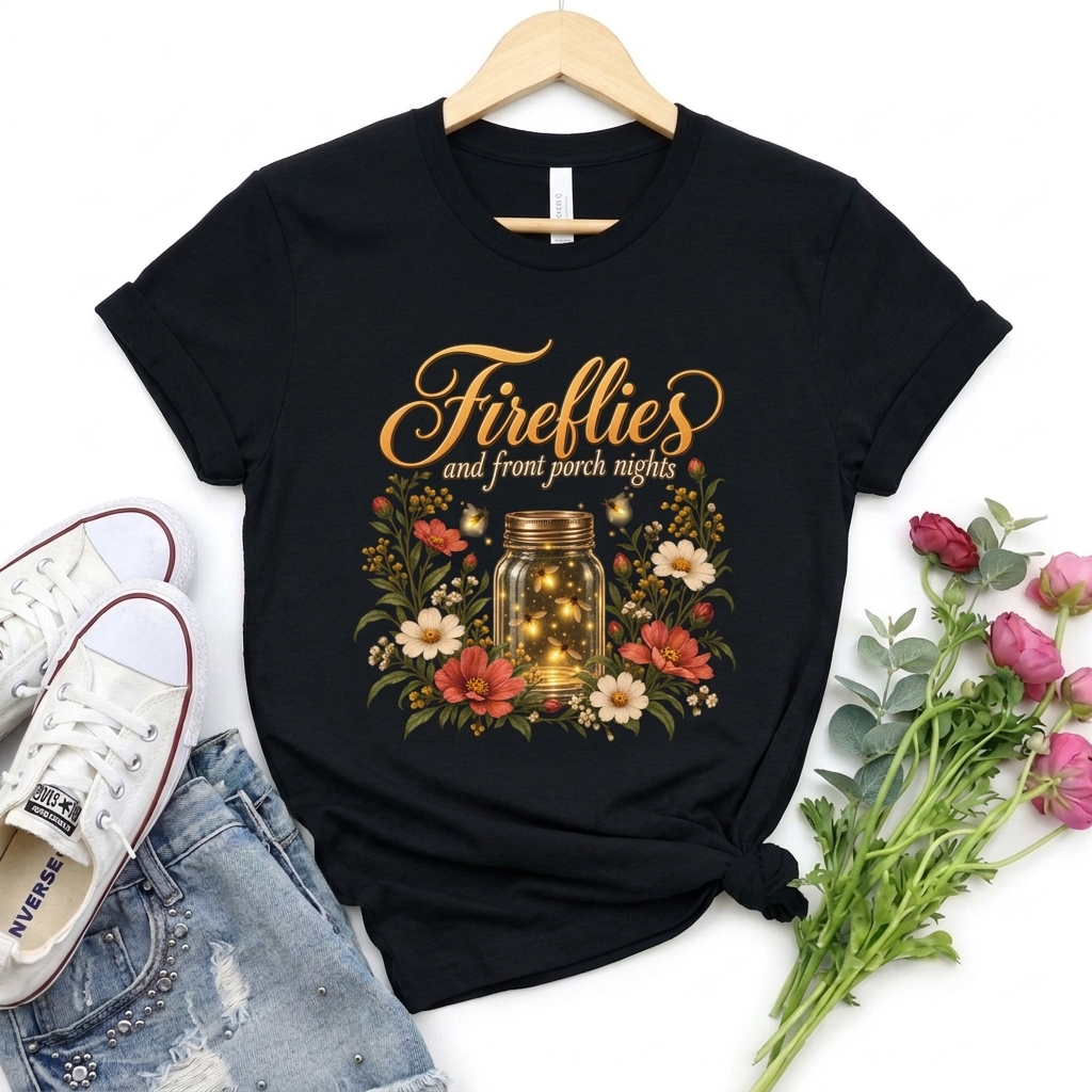 Fireflies and Front Porch Nights T-Shirt, Vintage Floral Mason Jar Tee - 14567