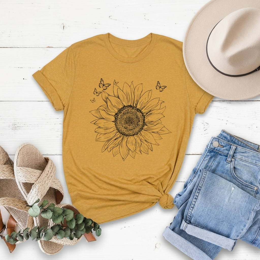 Sunflower Sketch T-Shirt, Vintage Botanical Sunflower & Butterfly Graphic Tee - 14982