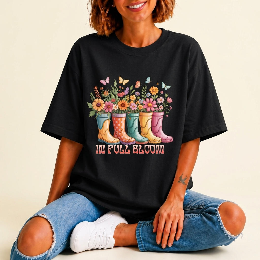 In Full Bloom Garden T-Shirt, Colorful Rain Boots & Flowers Graphic Tee - 14971