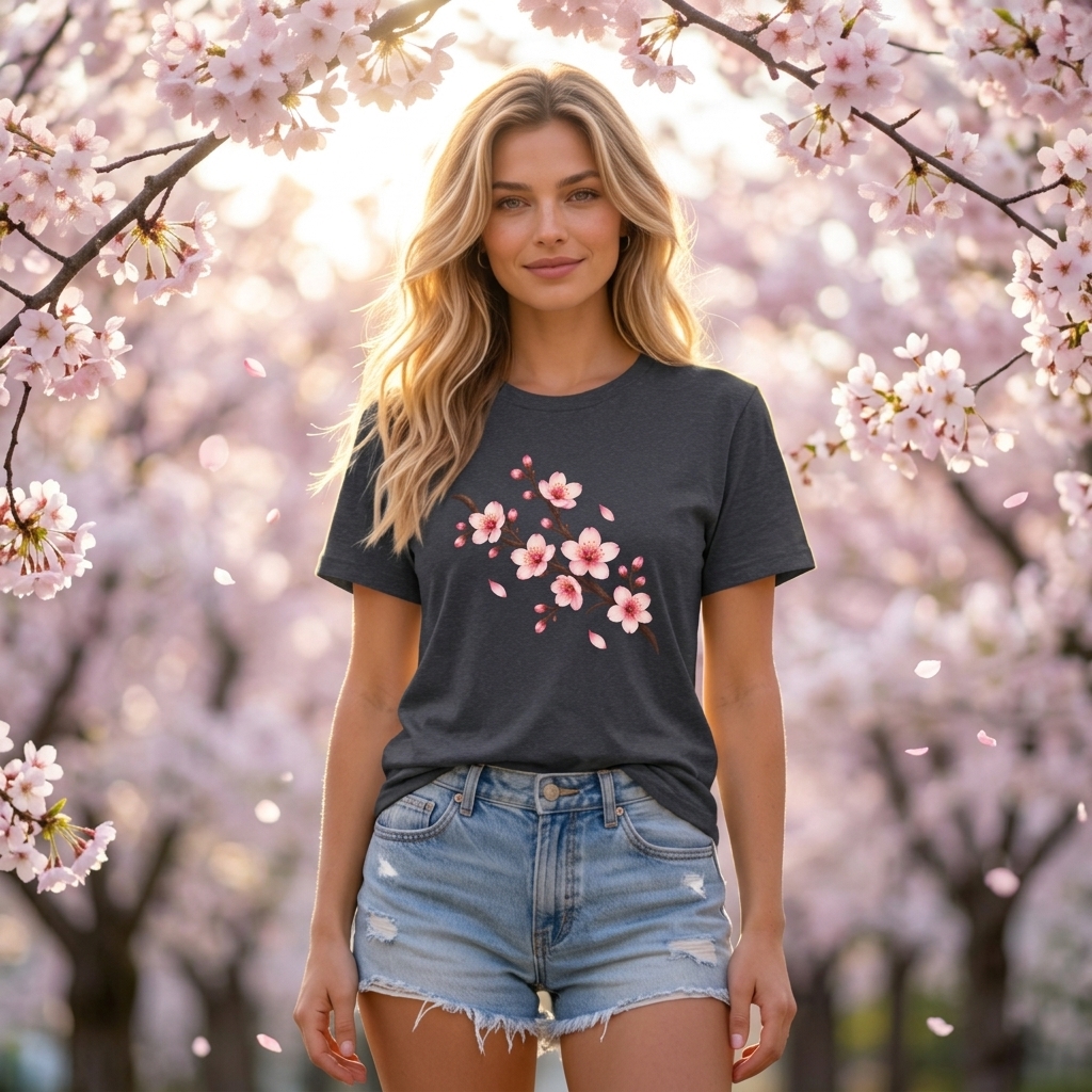 Cherry Blossom T-Shirt, Pink Sakura Branch Floral Tee - 14994