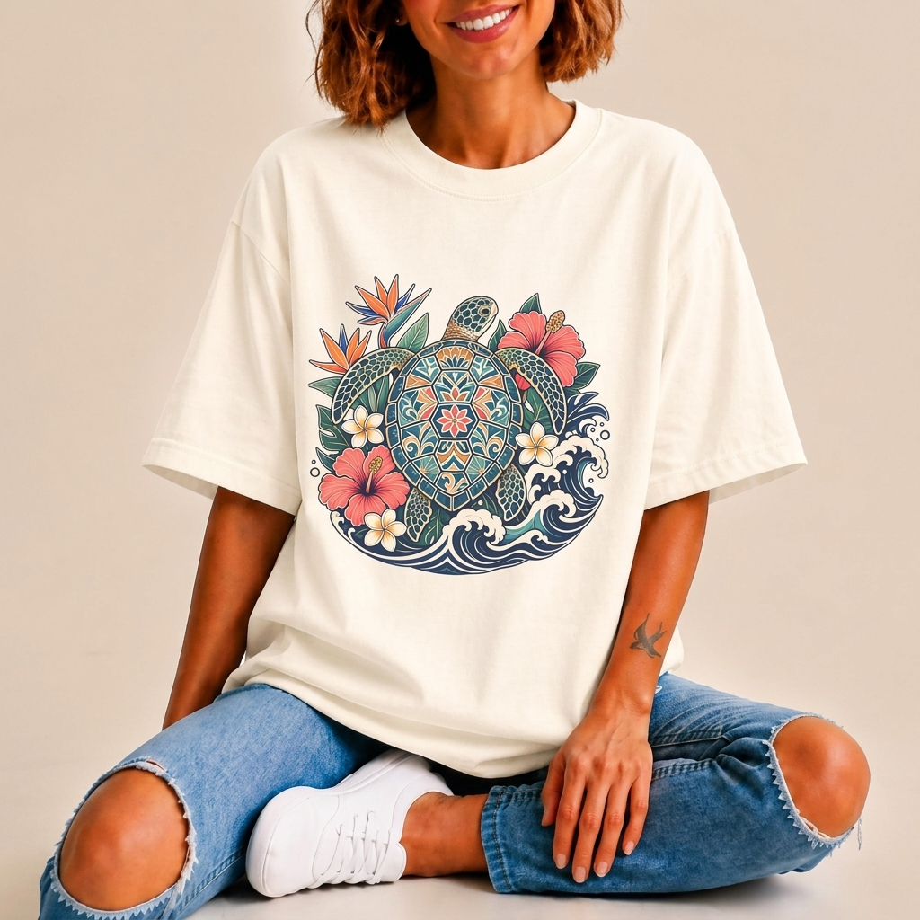 Sea Turtle Floral T-Shirt, Hawaiian Turtle Graphic Tee - 14973
