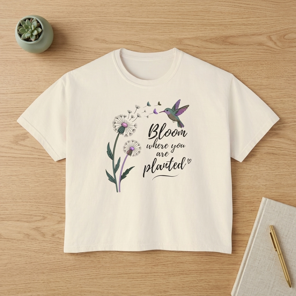Bloom Where You’re Planted Boxy Tee, Women’s Hummingbird Floral Inspirational T-Shirt - 14926