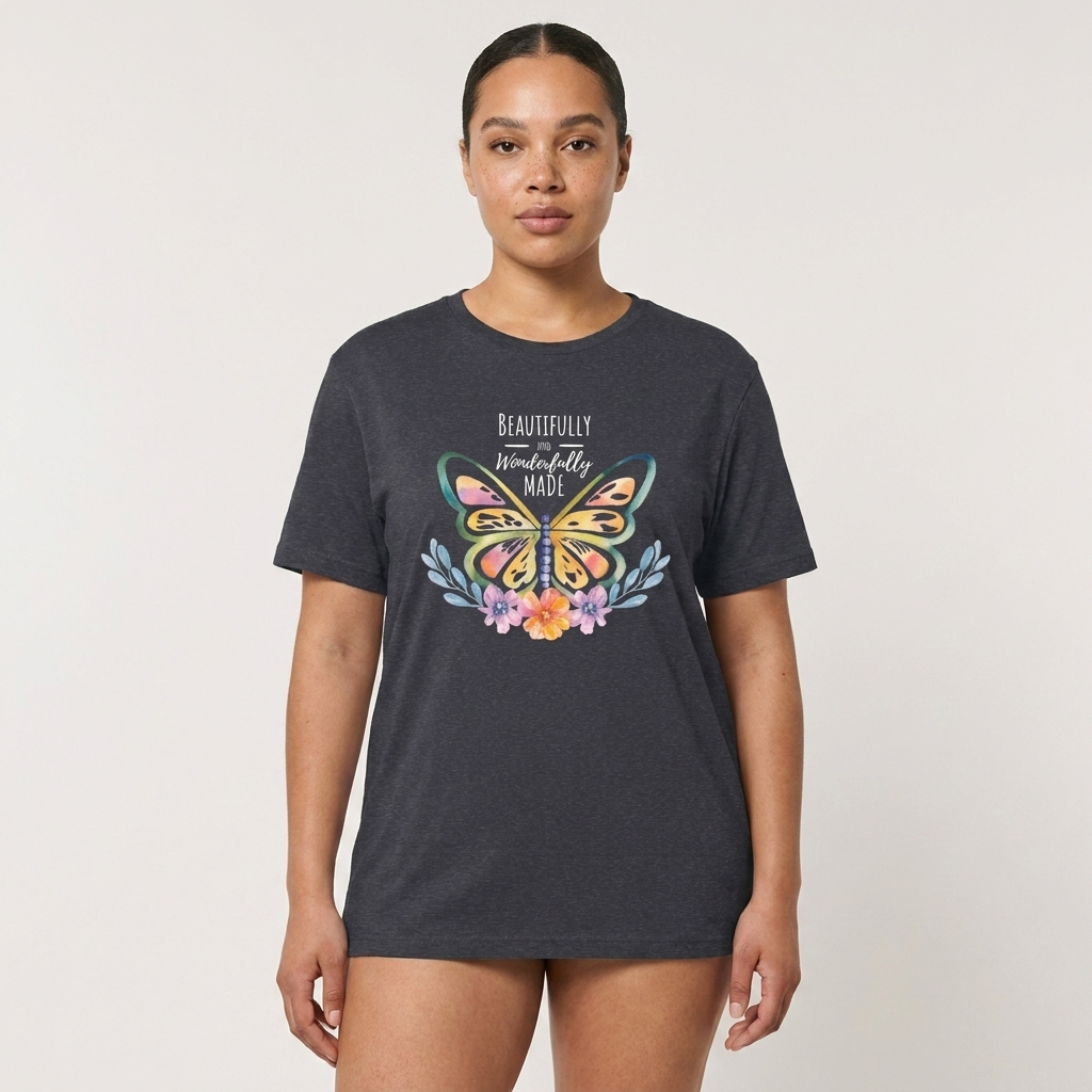 Beautifully & Wonderfully Made Butterfly T-Shirt, Inspirational Floral Graphic Tee - 14954