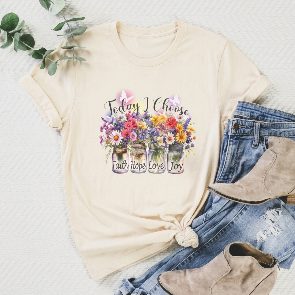 Today I Choose Faith Hope Love Joy T-Shirt — Inspirational Floral Graphic Tee - 14937