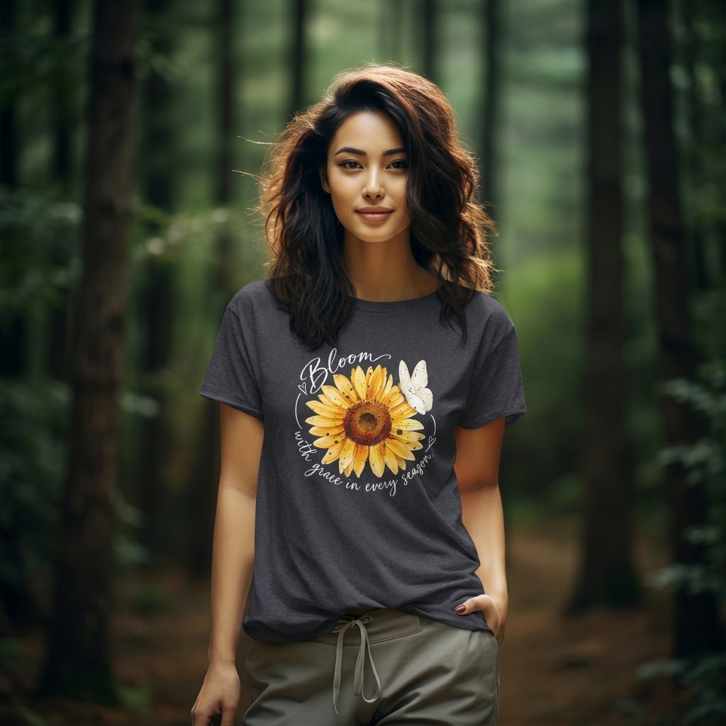 Sunflower “Bloom with Grace in Every Season” T-Shirt, Inspirational Floral Tee- 14502