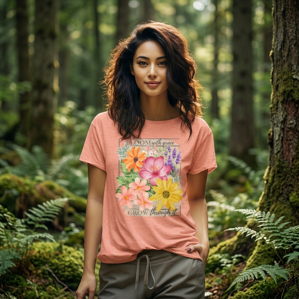 Bloom With Grace Floral T-Shirt, “Grow Through It” Inspirational Women’s Tee - 14943
