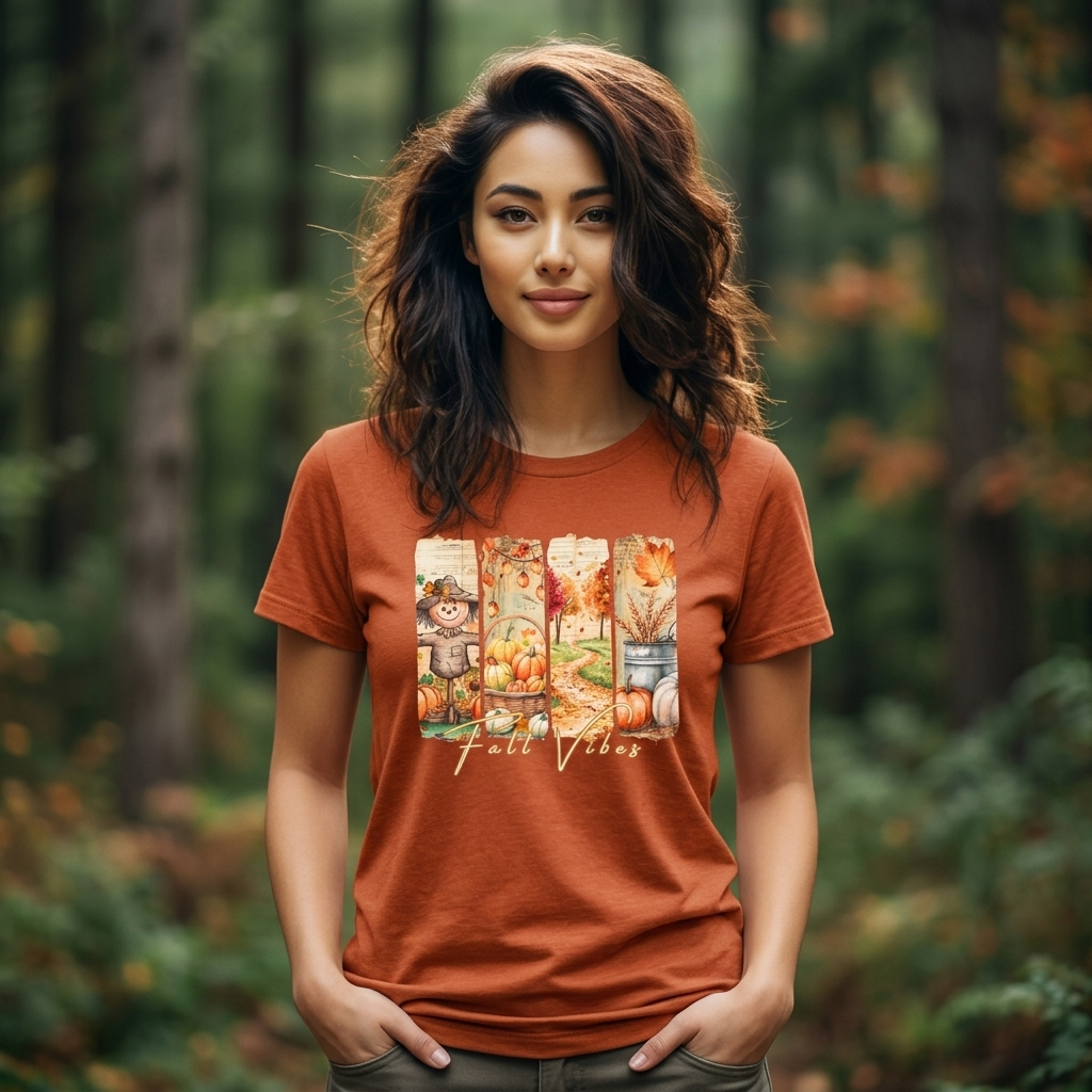 Fall Vibes T-Shirt, Autumn Pumpkin, Scarecrow & Harvest Graphic Tee - 14948