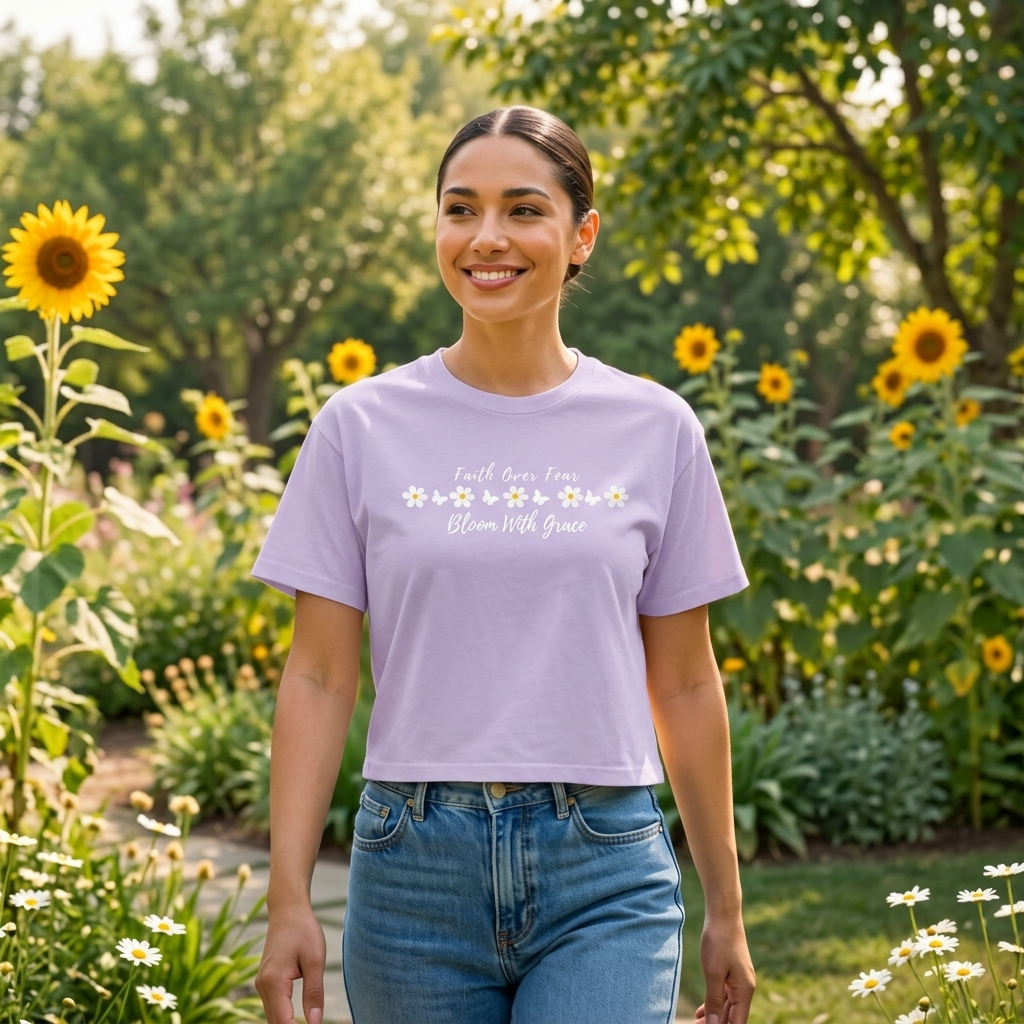 Faith Over Fear Floral Boxy Tee, “Bloom With Grace” Christian Crop Shirt - 14950