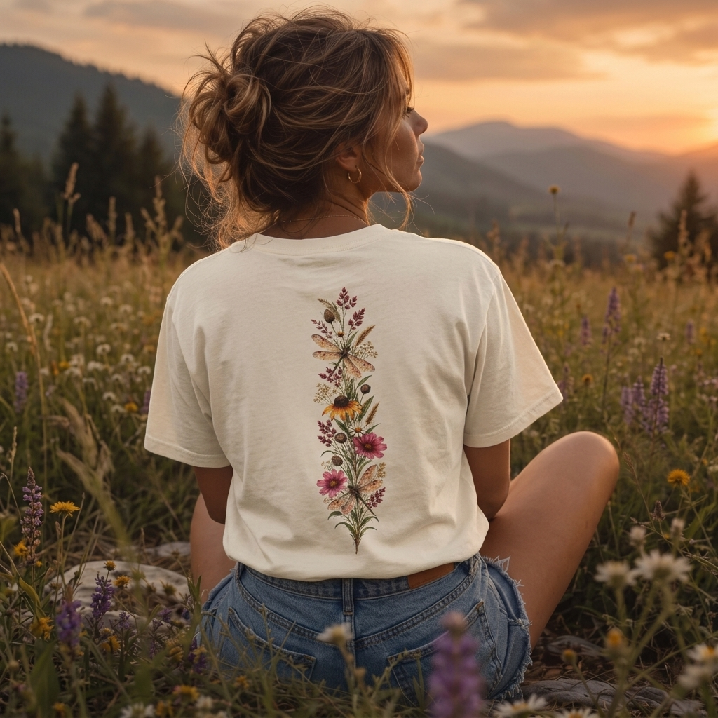 Vintage Wildflower & Dragonfly T-Shirt, Botanical Front & Back Tee - 14549