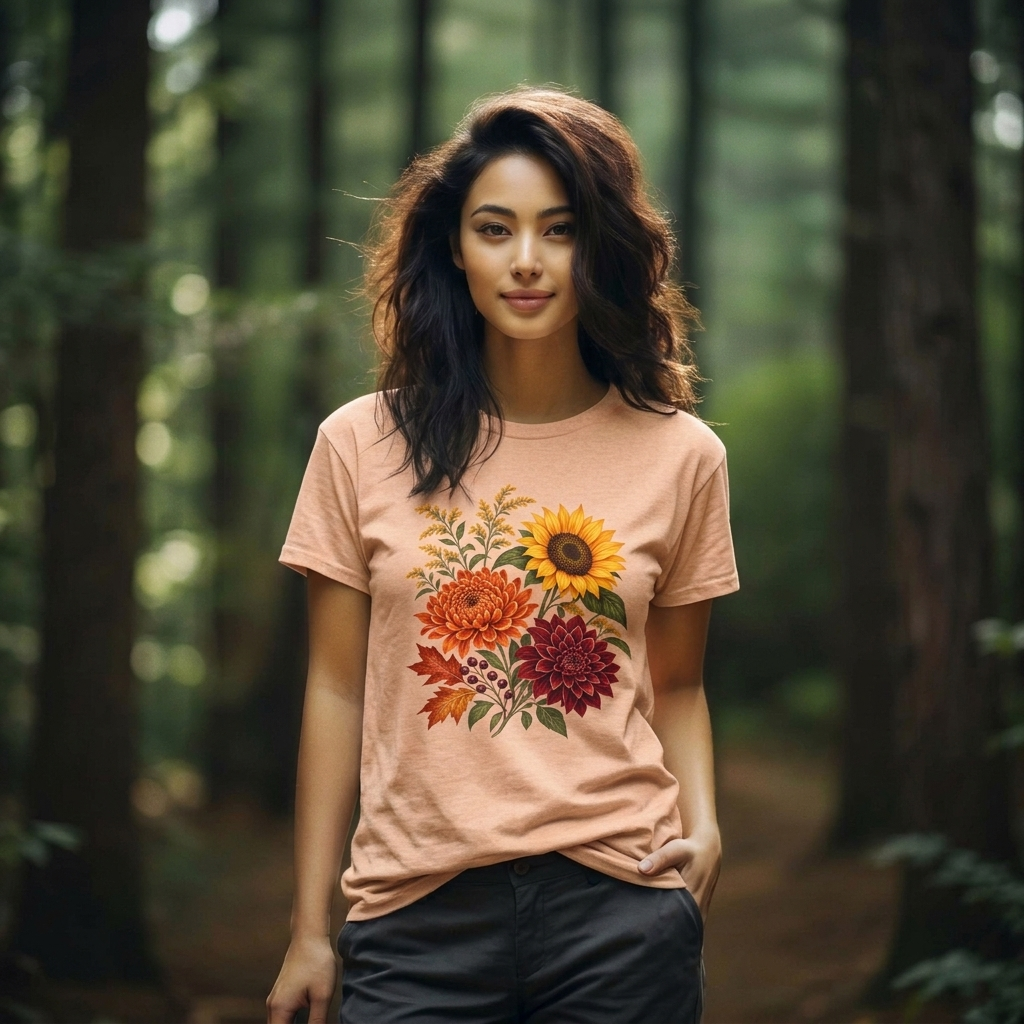 Autumn Wildflower Bouquet T-Shirt, Vintage Botanical Floral Tee - 14565