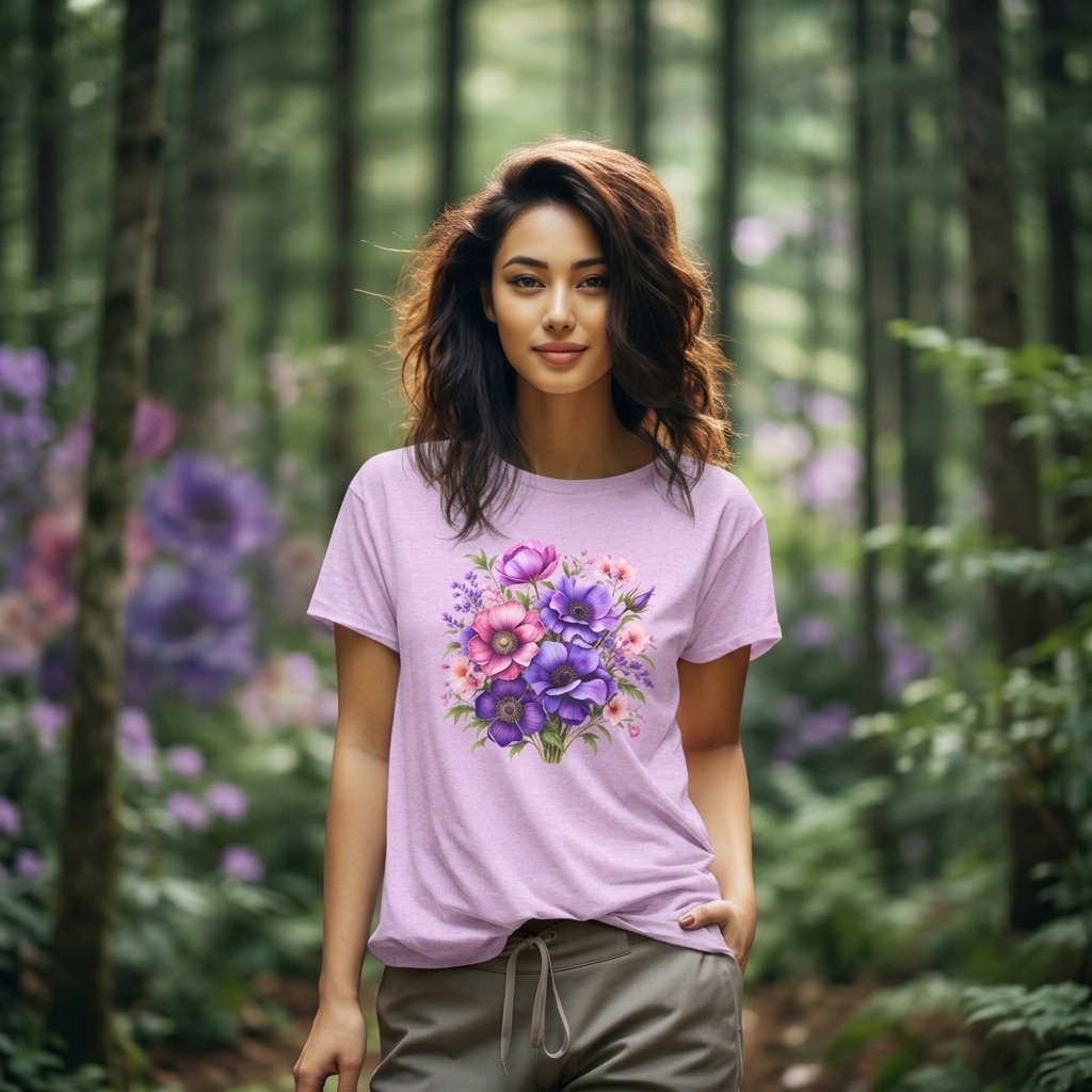 Purple & Pink Floral Bouquet T-Shirt, Colorful Botanical Flower Tee - 14537