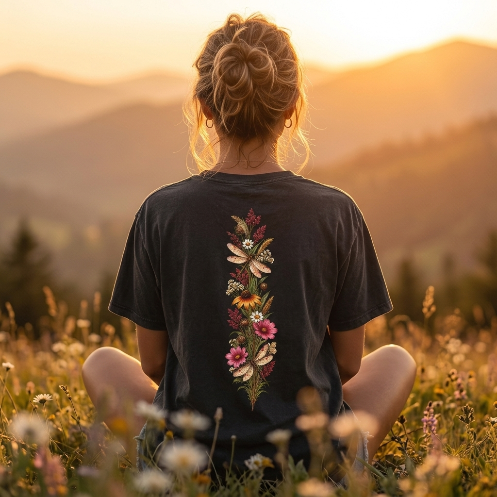 Vintage Wildflower & Dragonfly T-Shirt, Botanical Front & Back Tee - 14549