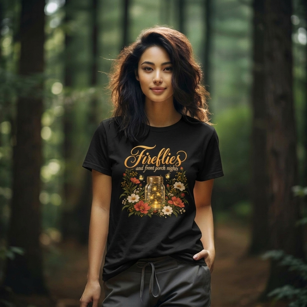 Fireflies and Front Porch Nights T-Shirt, Vintage Floral Mason Jar Tee - 14567