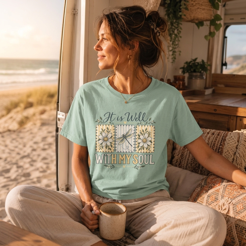 It Is Well With My Soul T-Shirt, Floral Dragonfly Christian Faith Tee - 14991