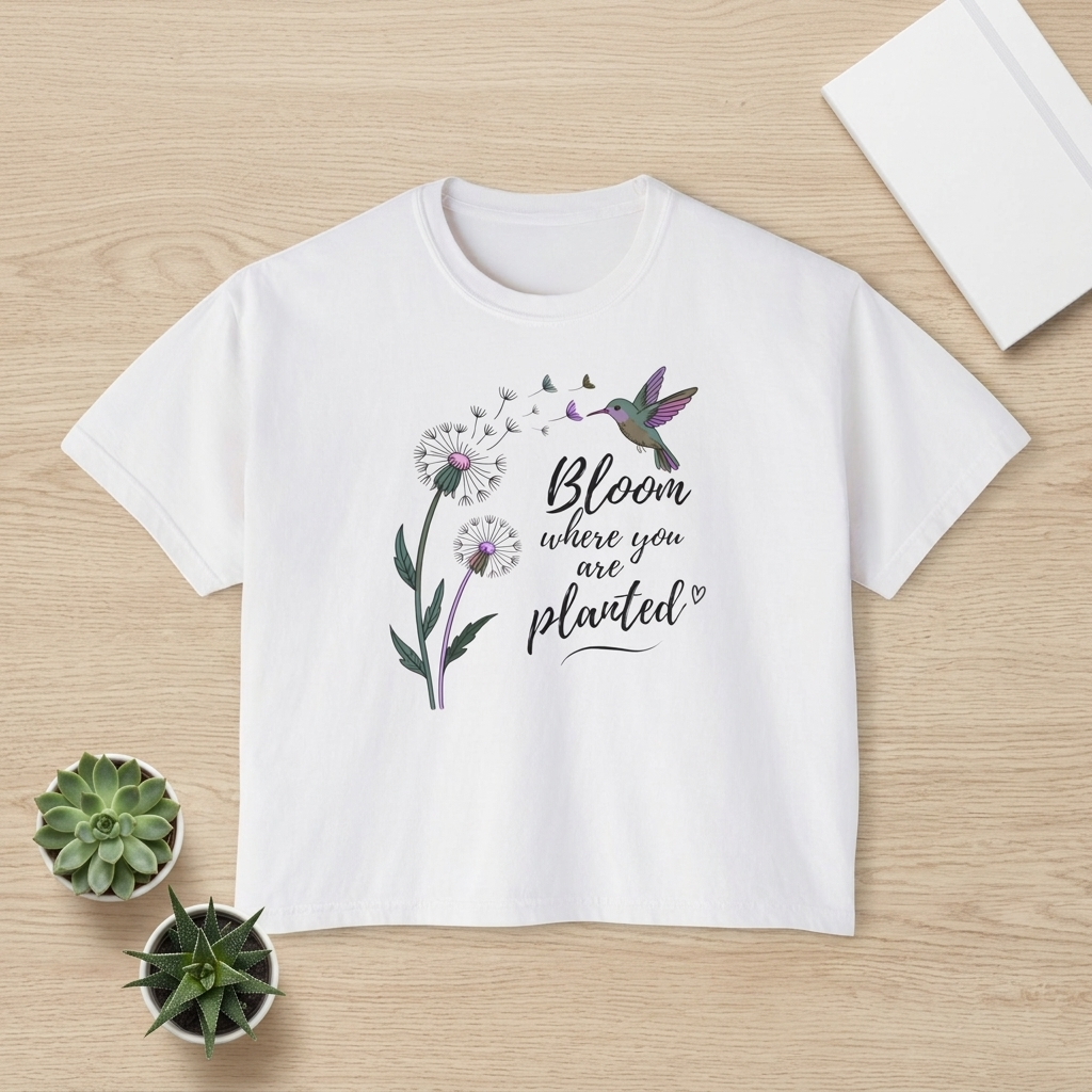 Bloom Where You’re Planted Boxy Tee, Women’s Hummingbird Floral Inspirational T-Shirt - 14926