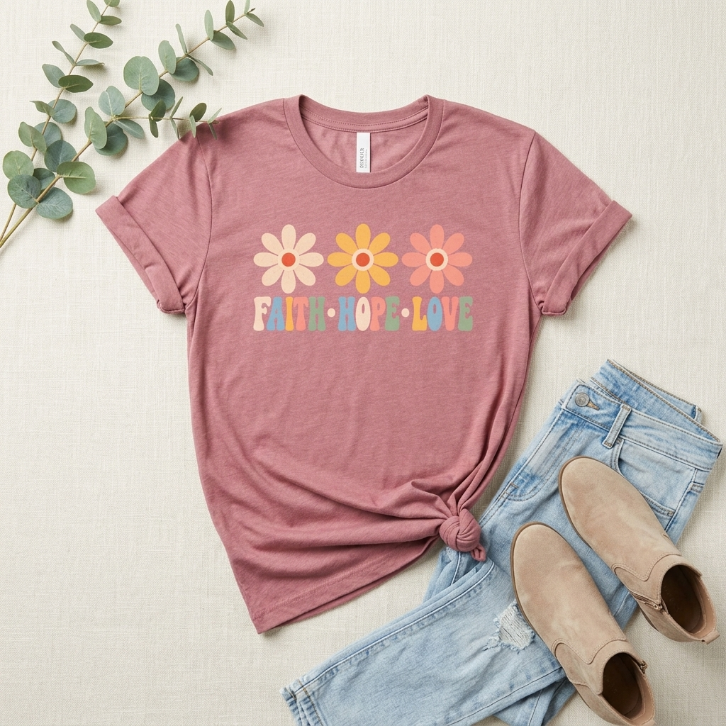 Faith Hope Love Floral T-Shirt,  Retro Flower Graphic Tee - 14979