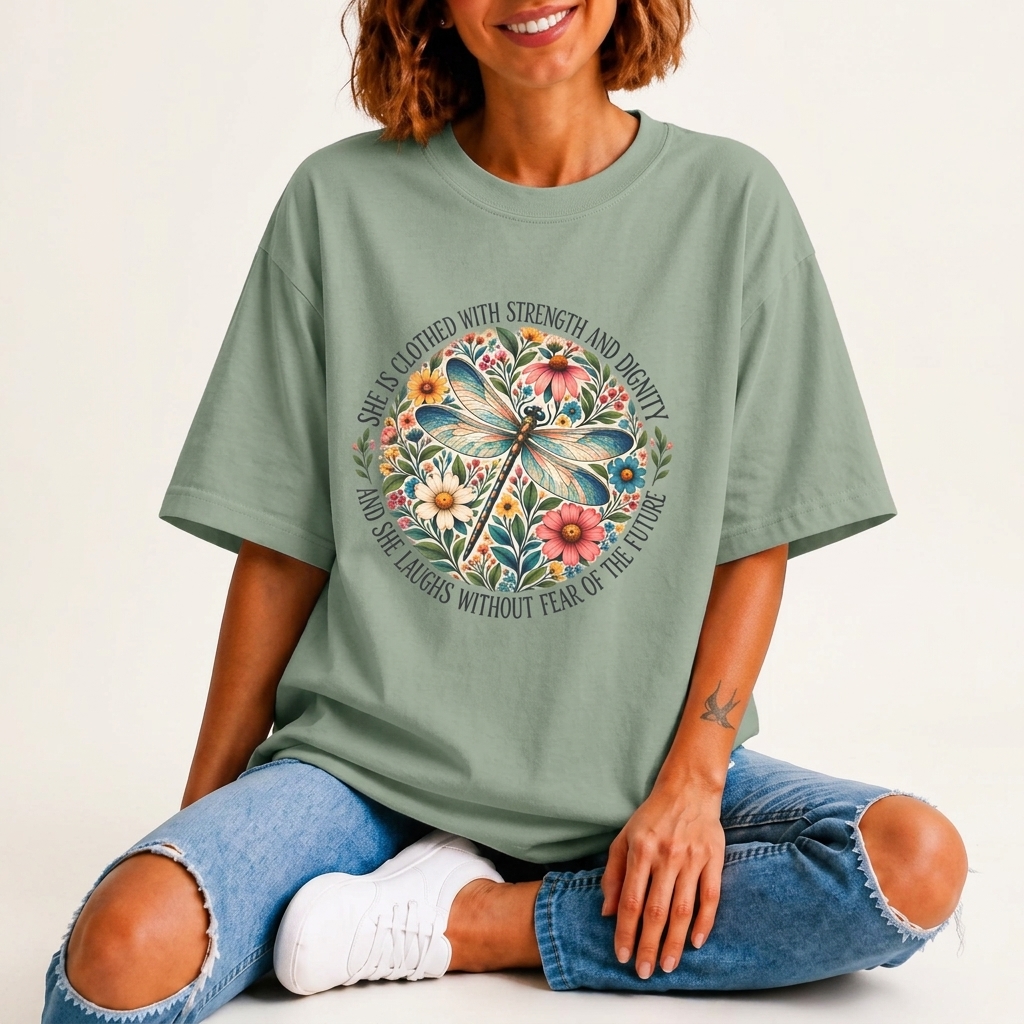 Dragonfly Floral T-Shirt, “She Is Clothed With Strength and Dignity” Inspirational Women’s Tee - 14993
