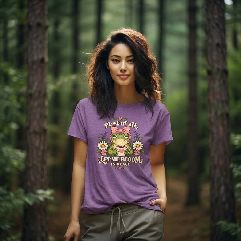 Let Me Bloom in Peace Frog T-Shirt, Cute Floral Coffee Tee - 14500