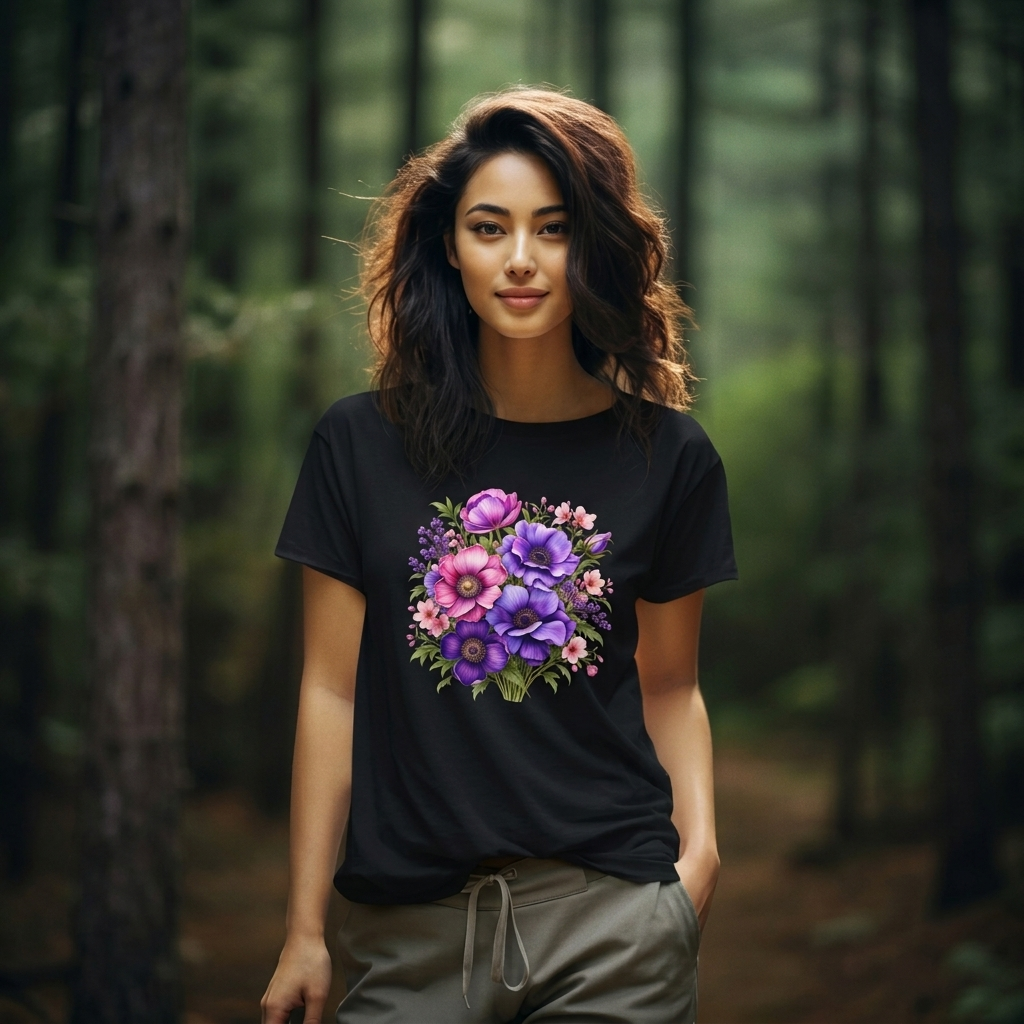 Purple & Pink Floral Bouquet T-Shirt, Colorful Botanical Flower Tee - 14537