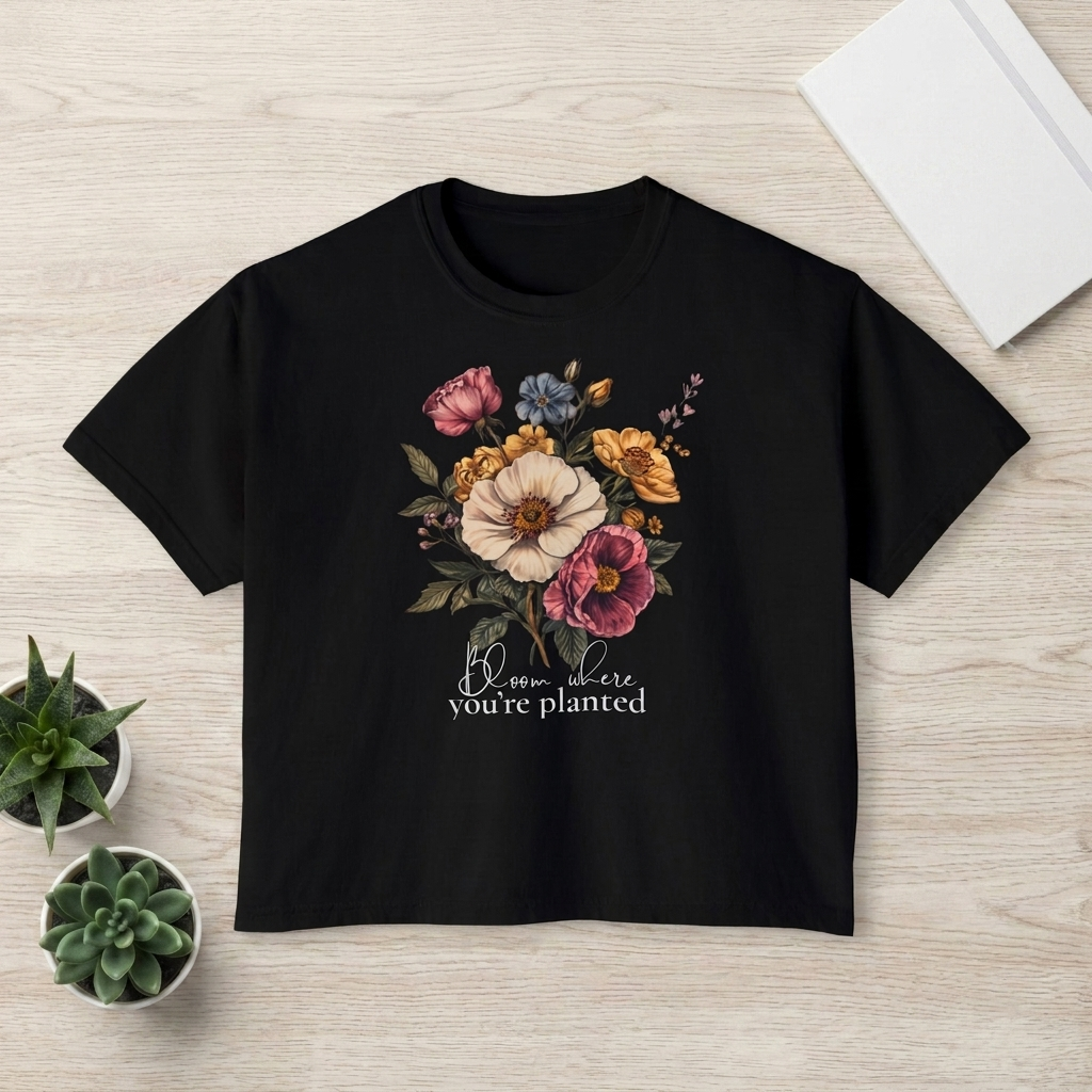 Bloom Where You’re Planted Floral Boxy Tee, Vintage Botanical T-Shirt - 14934
