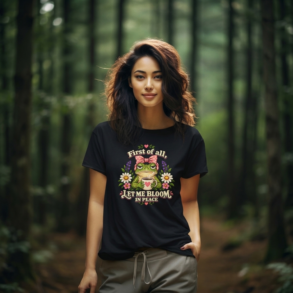 Let Me Bloom in Peace Frog T-Shirt, Cute Floral Coffee Tee - 14500