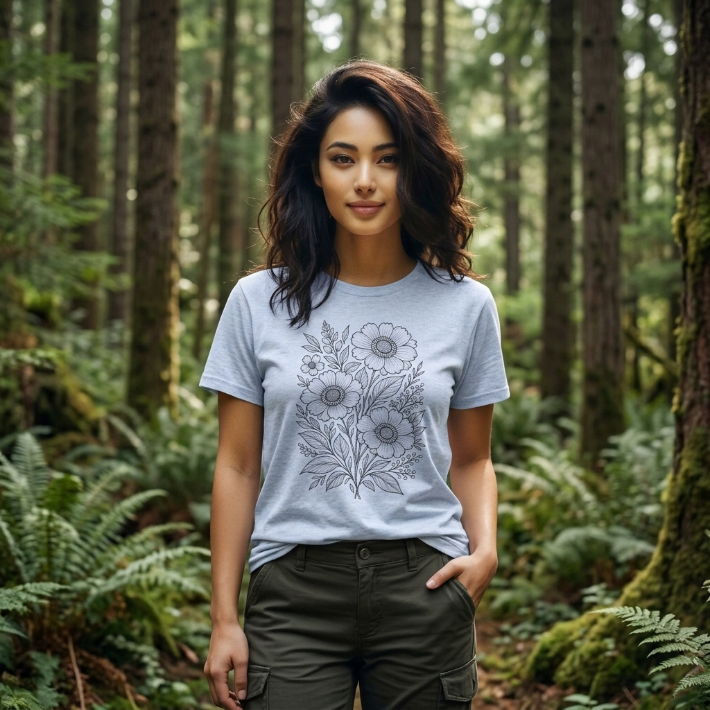 Vintage Floral Line Art T-Shirt, Botanical Wildflower Tee - 14561