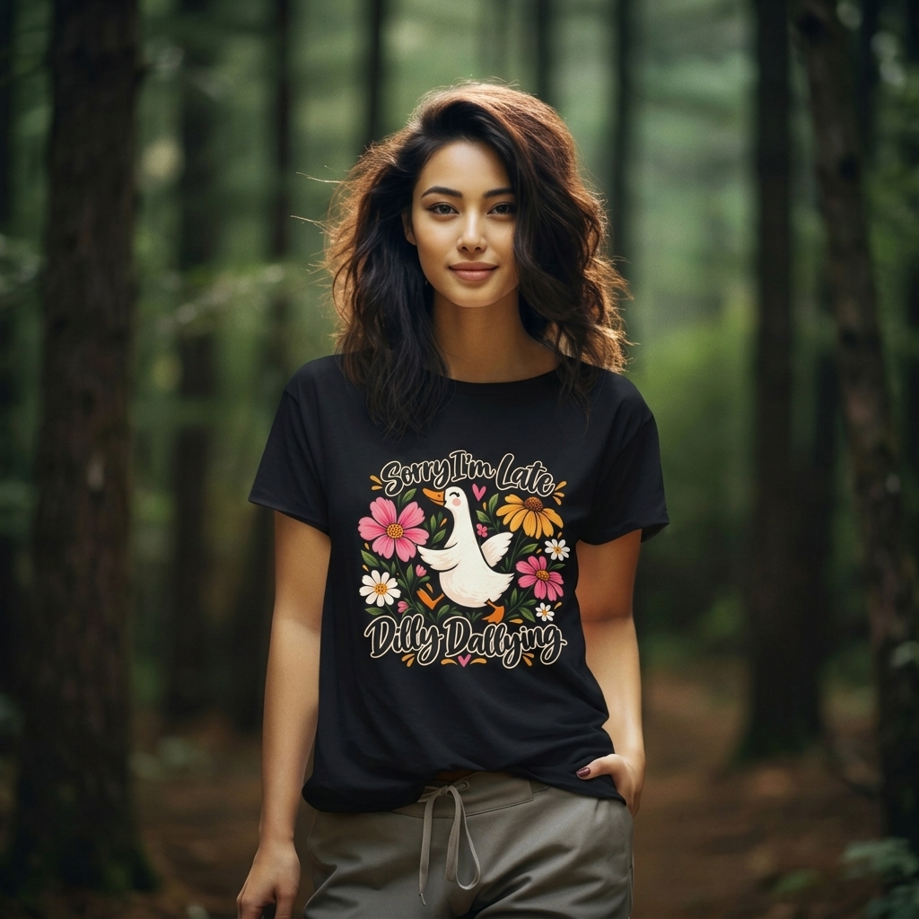 Sorry I’m Late Dilly Dallying T-Shirt, Cute Floral Goose Tee - 14998