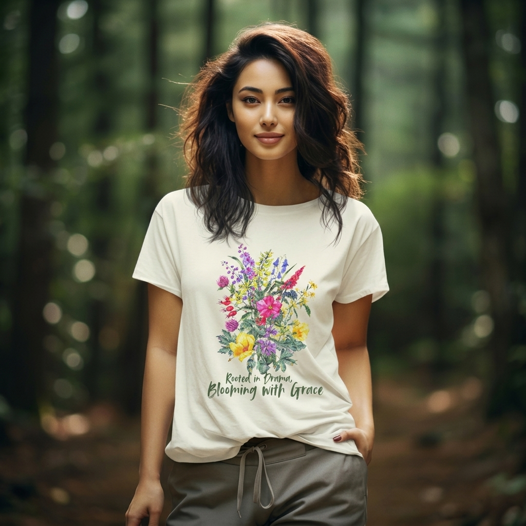 Blooming With Grace Floral T-Shirt, “Rooted in Drama” Watercolor Botanical Tee - 14965